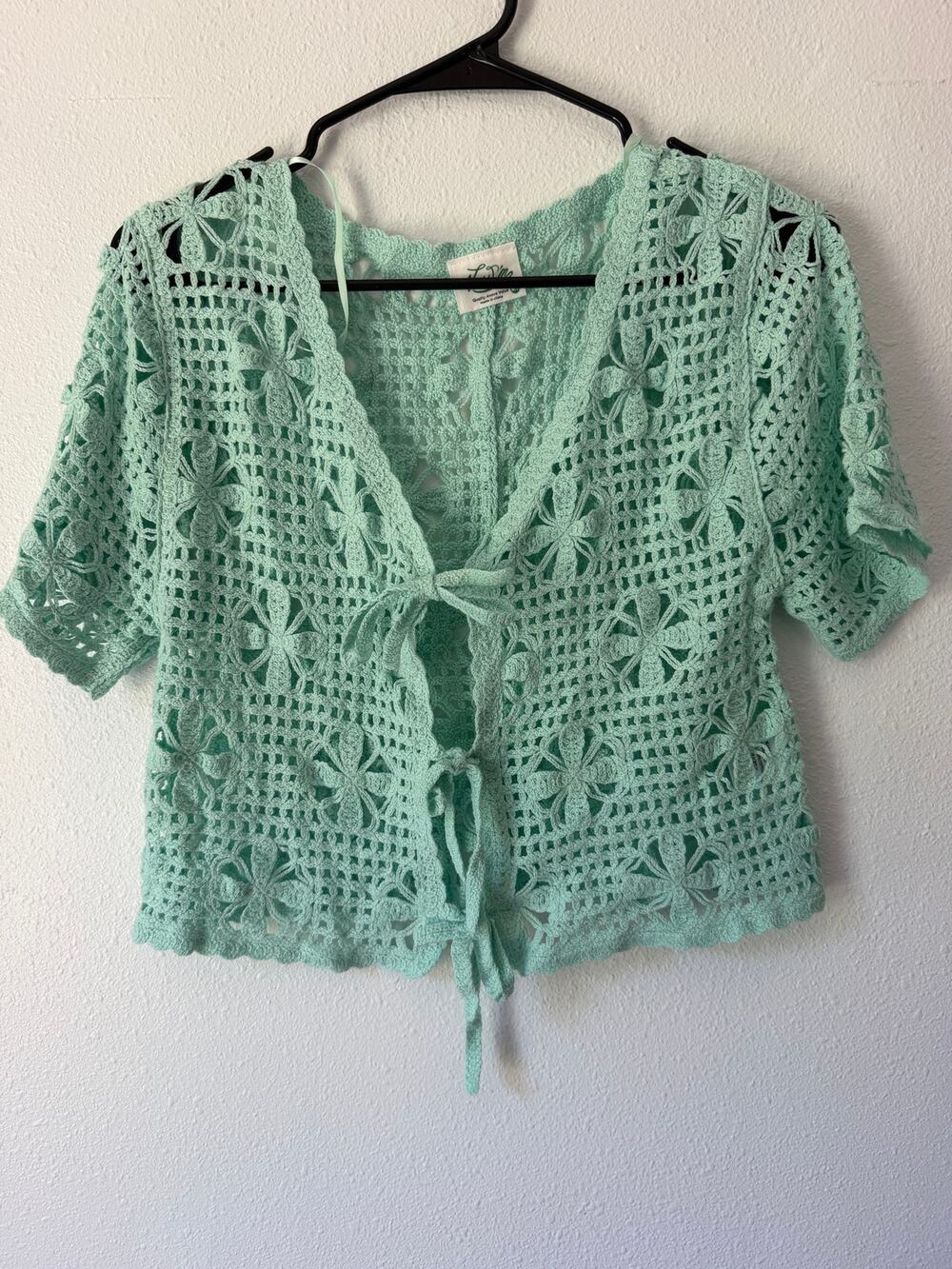 Light Blue Green Crochet Open Knit Short Cropped Tie Front Top Boho Coverup M/L